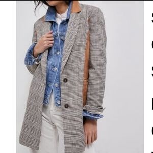Maeve Plaid Blazer with Brown Leather Trim and Blue Denim Layered Look